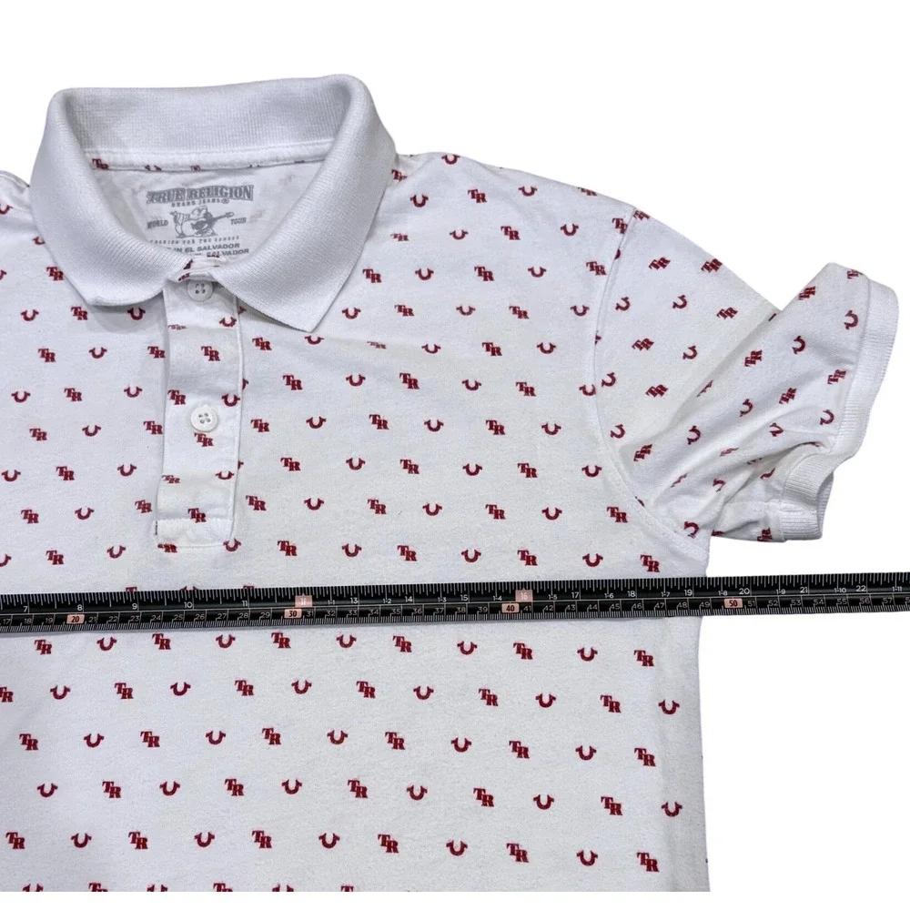 True Religion Polo Shirt Mens Small White Red All Over Logo Print Short Sleeve